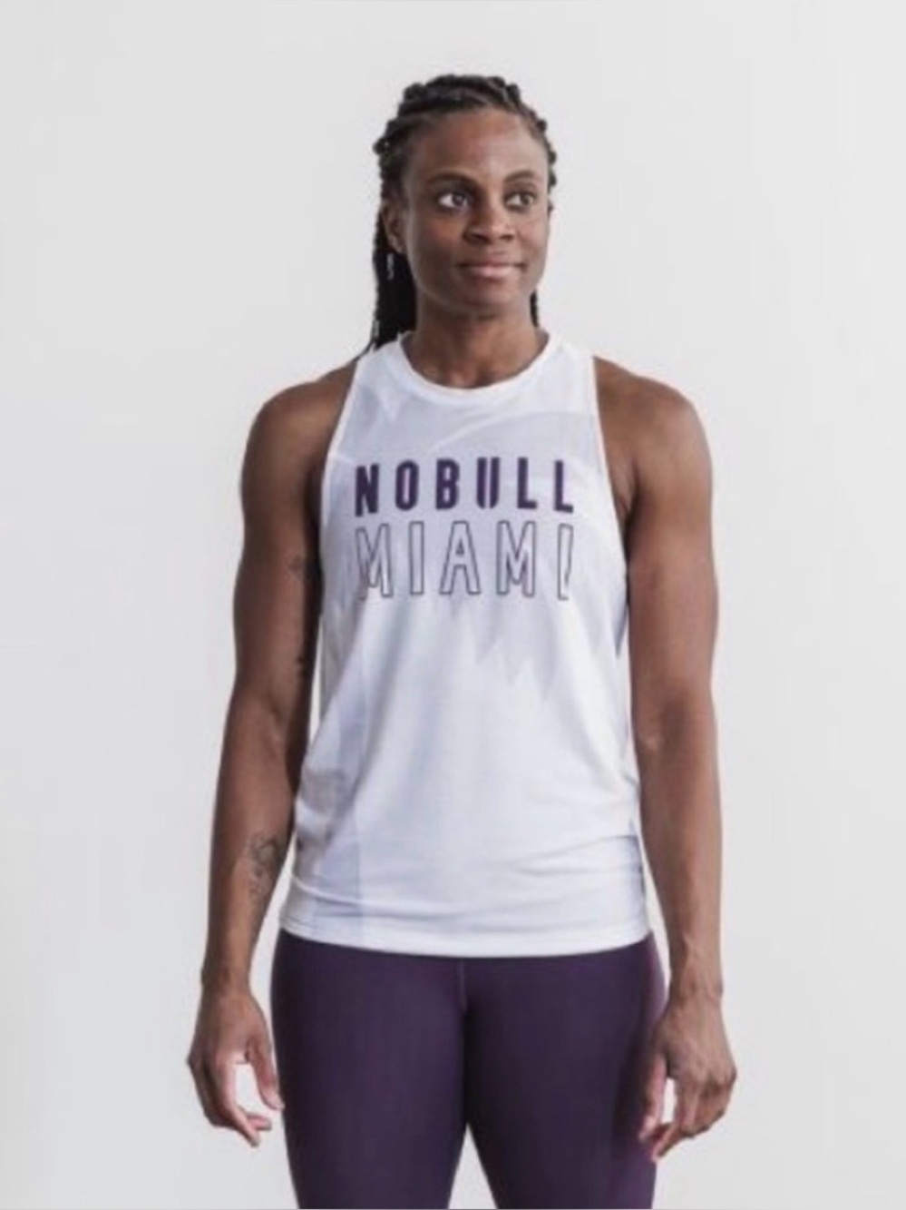NOBULL Women’s White Miami Tank Top Large Palm Trees Vacation Coastal Workout